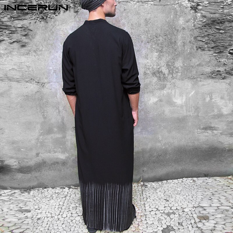Incerun heren islamitische jubba thobe gestreepte bedrukte lange mouwen casual gewaden dubai islamitische arabische kaftan midden-oosten herenkleding