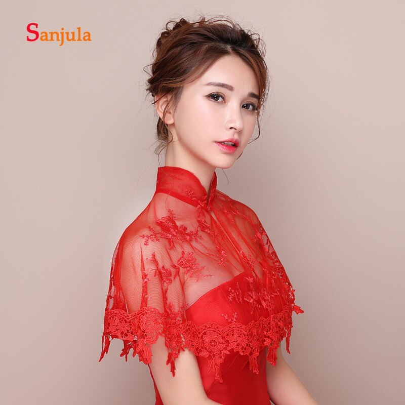 Red Lace High Neck Wedding Bolero Appliques Women Dress Jacket Accessories Bridal Wraps capa novia W09