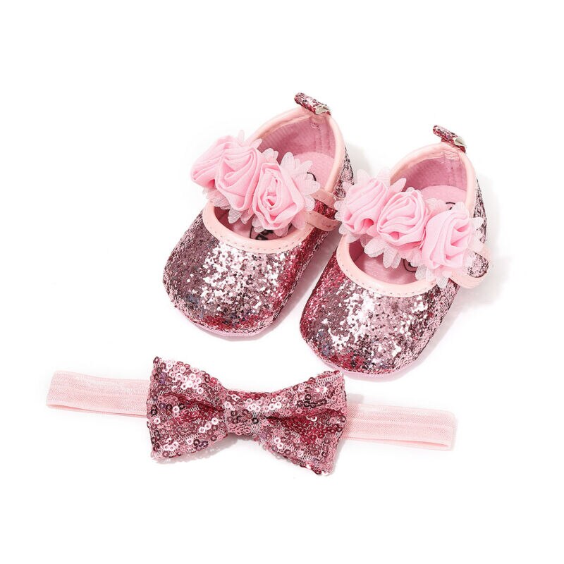 Pudcoco bowknot paljetter barn bebis flicka fest första rullatorer + hårband spädbarn mjuk sula spjälsäng skor 0-18m flicka födelsedag