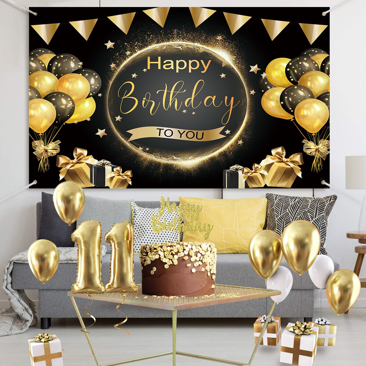 Gelukkige Verjaardag Achtergrond Banner Grote Zwarte Gouden Ballon Ster Poster Booth Achtergrond Verjaardag Foto Achtergrond Muur Party Decor