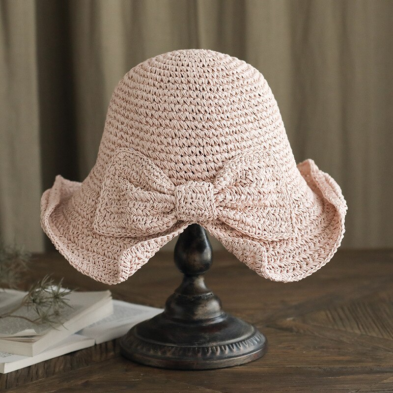 100% Raffia Boog Zonnehoed Brede Rand Floppy Zomer Hoeden Voor Vrouwen Strand Koepel Emmer Hoed Schaduw Hoed: Flesh pink