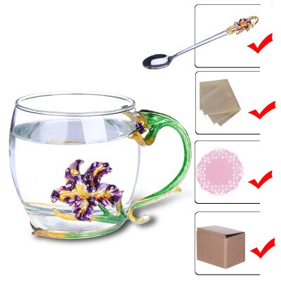 Iris blomma emalj glas kopp applikation värmebeständig glas te kopp kaffe glas bröllop familj kontor drinkware box: A