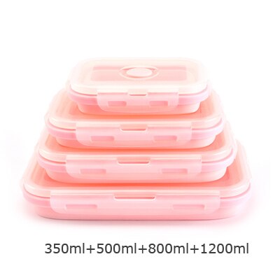 ERMAKOVA 3 of 4 Pcs Silicone Inklapbare Lunch Bento Box Hittebestendig Vouwen Voedsel Opslag Container met Luchtdichte Plastic deksel: 4-Piece Pink