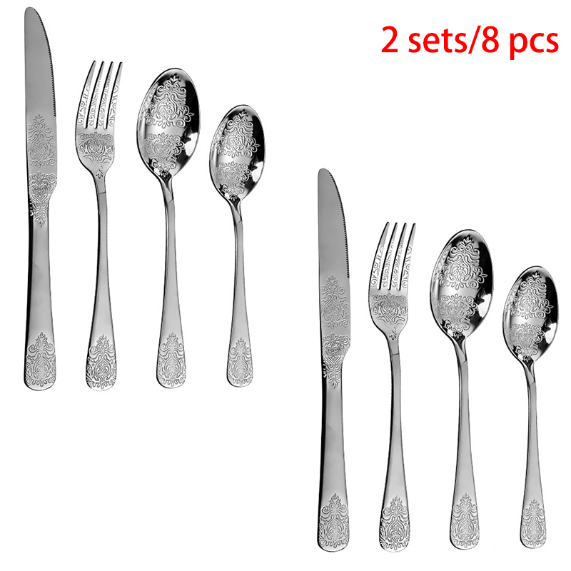 Golden Bestek Set, Europese Mes En Vork Lepel Reliëf Westerse Servies Retro Rvs Bestek Sets: Blauw