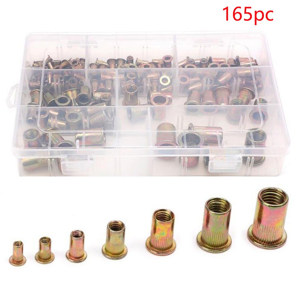 165 Stuks Bevestiging Accessoires Cap Nutsert Nutsert Klinknagel Moer Kit Platte Kop Assortiment Verzinkt Insert Schroefdraad-M12 Verschillende