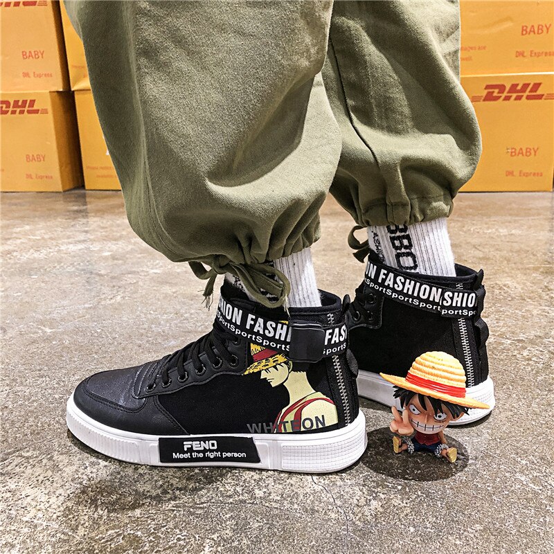 PARZIVAL Men's ONE PIECE Shoes Sneakers Anime PU Leather Classic High Top Men Vulcanized Shoes Cosplay Casual Men's Boots Male