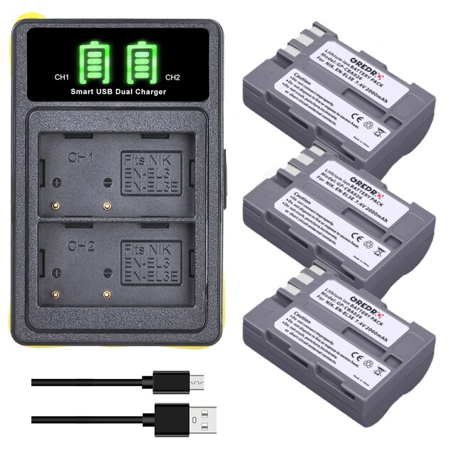 EN EL3e batteria EN-EL3e + caricatore incorporato USB e type-c per Nikon D80 D700 D90 D300S D200 D70 D50 D100 D300 DSLR: 3Charger 1Battery