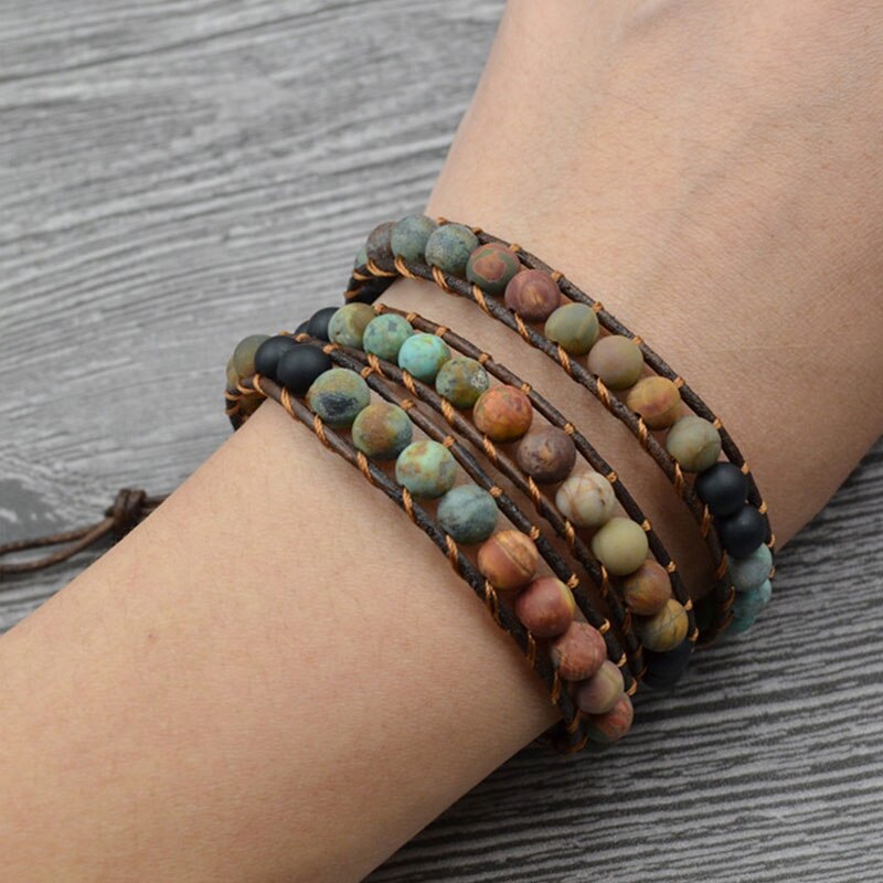 Schmuck 6MM Matte Stein Wrap Leder Armbänder Vintage 3 Strands Multilayer Woven