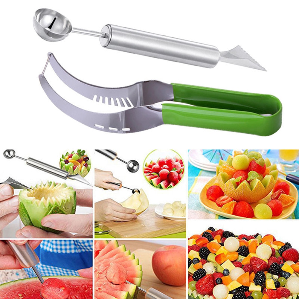 1PC Melon Watermelon Slicer + 1PC Corer Scoop Set Stainless Steel Tool Server Cutter Sturdy Anty-slip Silicone Covered Handle