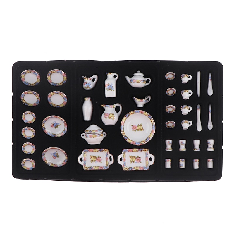 40Pcs 1:12 Dollhouse Miniature Tableware Porcelain Ceramic Tea Cup Dishes Set