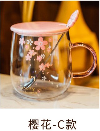 Botella de agua de cristal con flor japonesa para mujer y niña, vaso de cristal con flor de cerezo rosa con cubierta de cerámica, para beber leche: Flower C