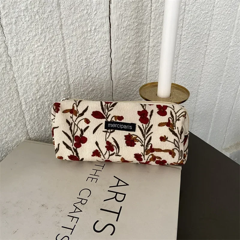 Women Corduroy Flower Cosmetic Bags Travel Brush Lipstick Storage Case Female Makeup School Stationery Pencil Cases: Beige