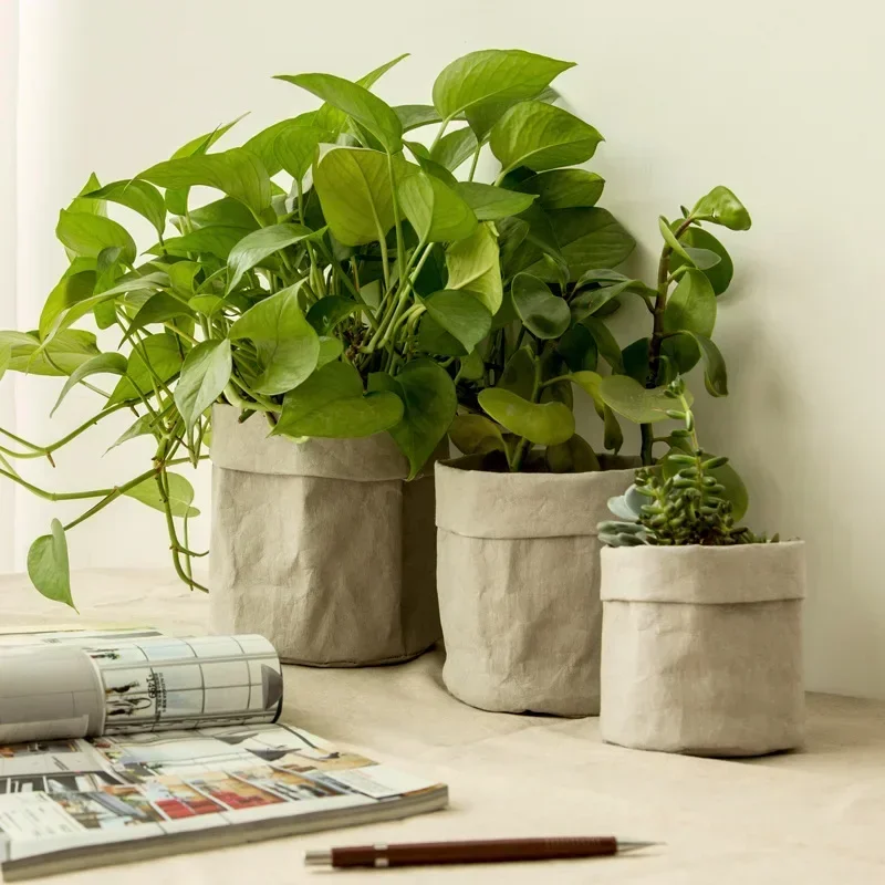 Maceta de papel Kraft lavable de 3 tamaños, macetas creativas de escritorio para flores, macetero de suculentas reutilizable, bolsa de almacenamiento multifunción