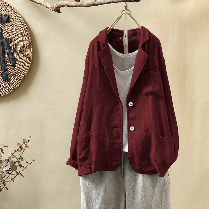 ZANZEA Frauen Plus Größe Blazer Neue Herbst Mantel Jacken Jahrgang Solide verlieren Taschen Anzug Blazer: Wein rot / 5XL