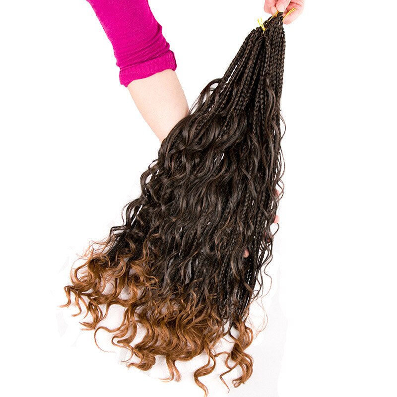 24Inch Box Braids Hair Boho Braids Ombre Synthetic Curly Crochet Braiding Hair Extension Messy Goddess Black Brown: 2