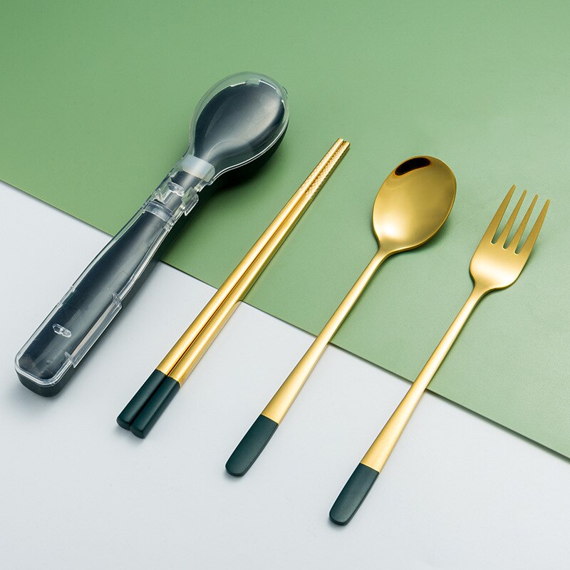 Portable Stainless Steel Cutlery Set with Storage Case Durable Fork Spoon Chopsticks for Home Office Camping HY99: Dark green gold