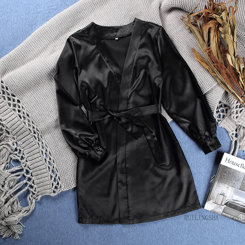 Lantaarn Mouw Bourgondië Robes Vrouwen Satijn Zijde Gewaad Pure Kleur Lange Mouwen Winter Nachtkleding Sexy Gewaad Zwart Wit Herfst