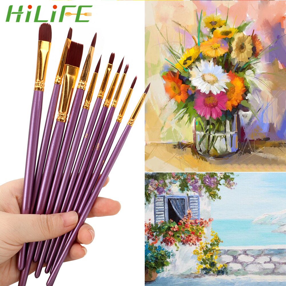 HILIFE 10Pcs/Set Artist Paint Brush Set Art Supplies Purple Acrylic Drawing Nylon Hair Watercolor Oil Painting Brushes