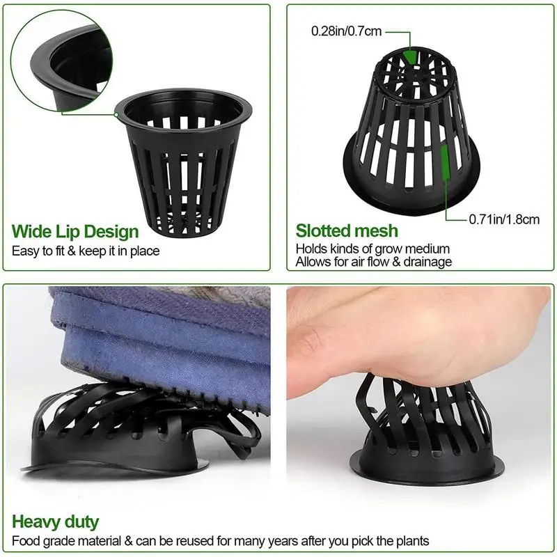 50/100 Uds. Tazas de red de malla ranuradas para jardín de 2 pulgadas, tazas de red redondas, macetas para hidroponía, cestas de red ranuradas para jardín