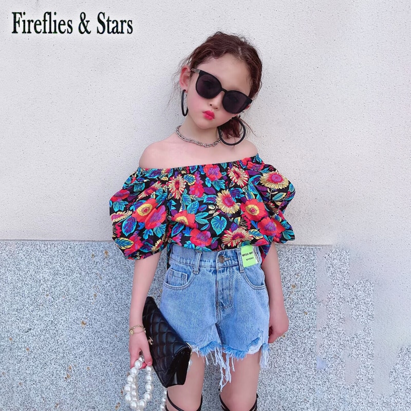Blusa de verano para niñas, Camisa larga para bebés, vestido para niños, ropa con estampado Floral para el sol, sin hombros, manga abombada de 1 a 7 años