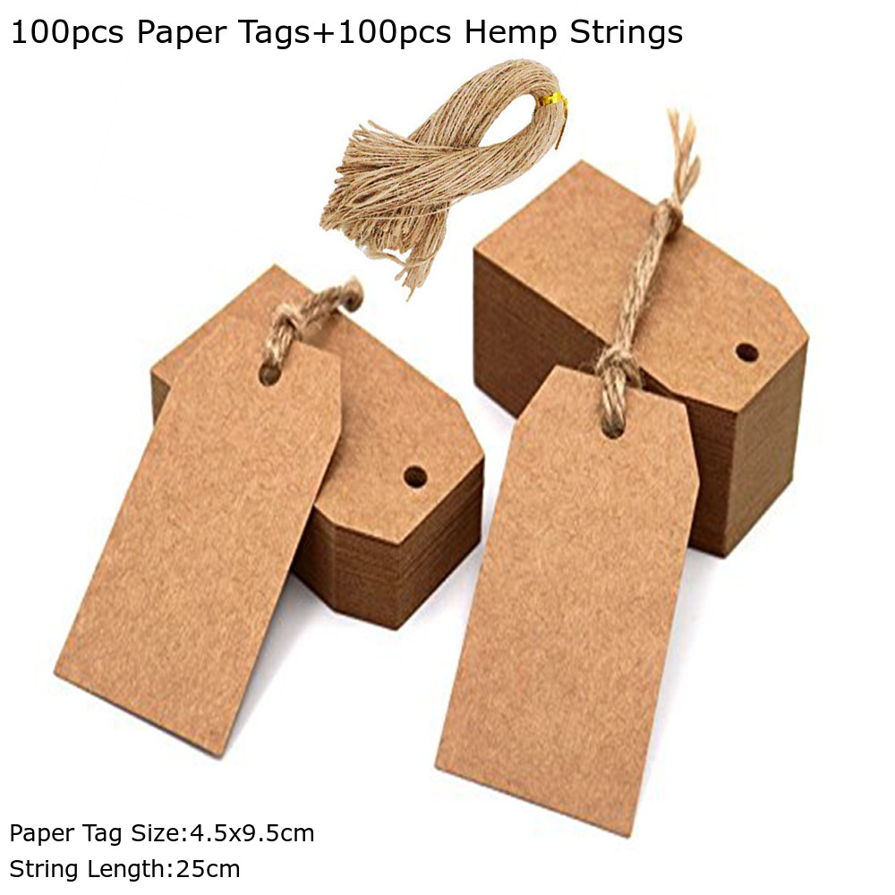 100pcs Large Size 4.5x9.5cm Kraft Tags with Hemp Strings Black White Kraft Scallop Hang Tag Blank Price Tags Paper Labels: Pattern 4