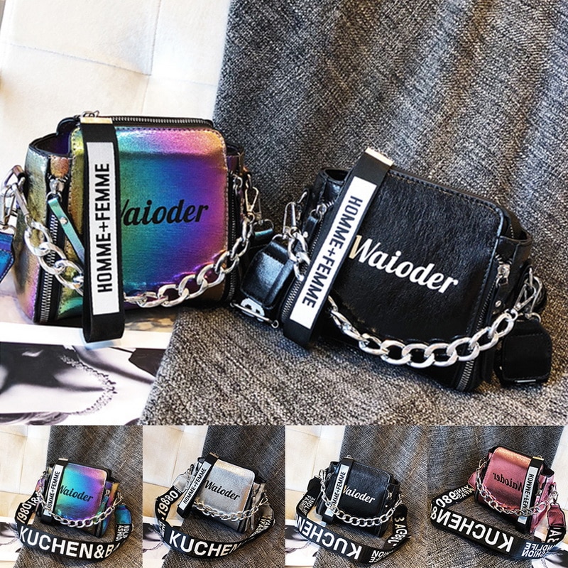 Women Chain PU Single Shoulder Bag Letter Printing Messenger Beach Bag