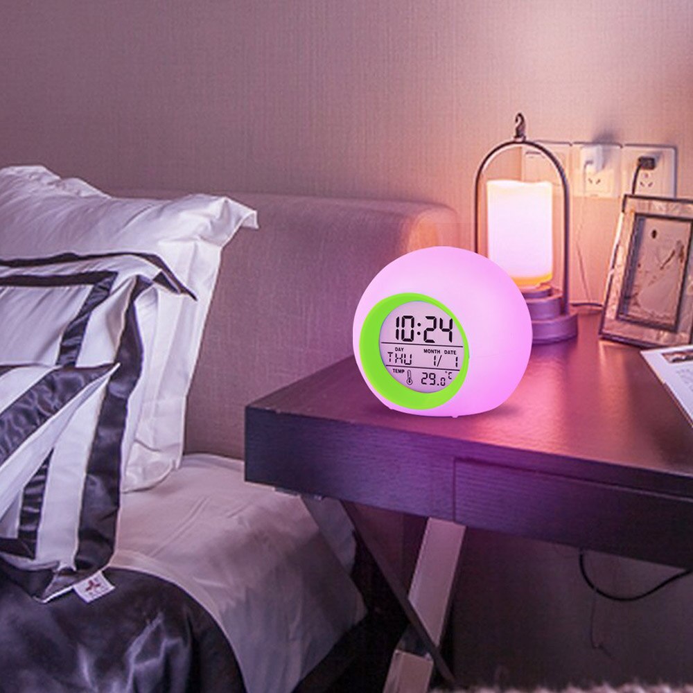 Multifunktionella barn barn väckarklockor färgskiftande led-ljus väckning klocka termometer snooze funktion digital skrivbordsklocka