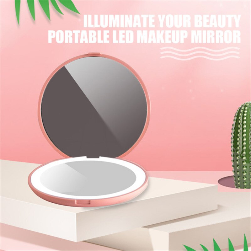 Mini Draagbare Led Make-Up Spiegel 10X Vergroten Hand Hold Opvouwbare 12 Leds Pocket Make-Up Spiegel Licht Schoonheid Cosmetische Tool