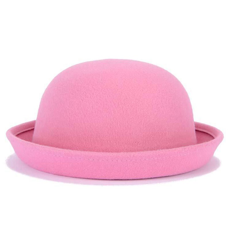 Förälder-barn bowlerhatt ullfilt fedora hattar för kvinnor flickor barn solid katt öra formell keps trilby sombrero derby: Kupol rosa / 54cm