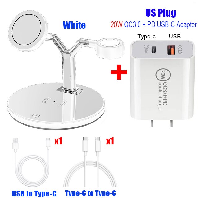 3-in-1 Magnetic Wireless Charger - 15W Fast Charging Station for iPhone 12 Series, Apple Watch & AirPods Pro: Add US Plug White