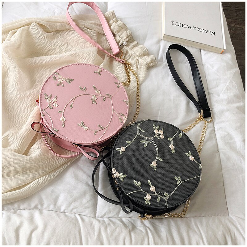 Sweet Lace Round Handbags PU leather Women Crossbody Bags Female Small Fresh Flower Chain Shoulder bag