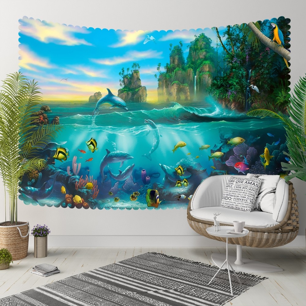 Anders Tropische Blauwe Zee Aquarium Vissen Groene Bomen 3D Print Decoratieve Hippi Bohemian Muur Opknoping Landschap Tapijt Muur Art