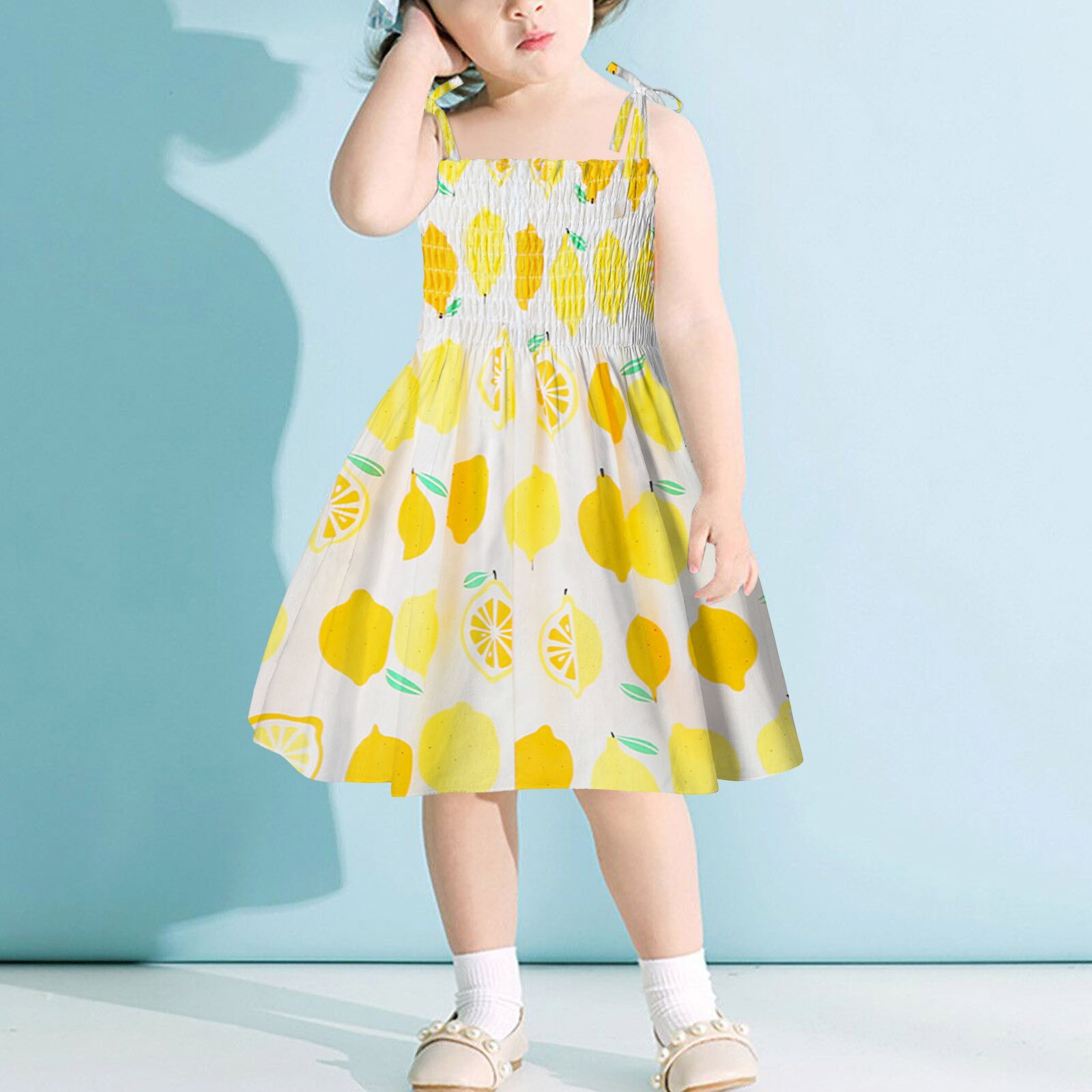 Toddler Baby Kids Girls Clothes Summer Dress Suspenders Lemon Print Summer Beach Dress Casual Clothes Children's Clothing: Yellow / 18M