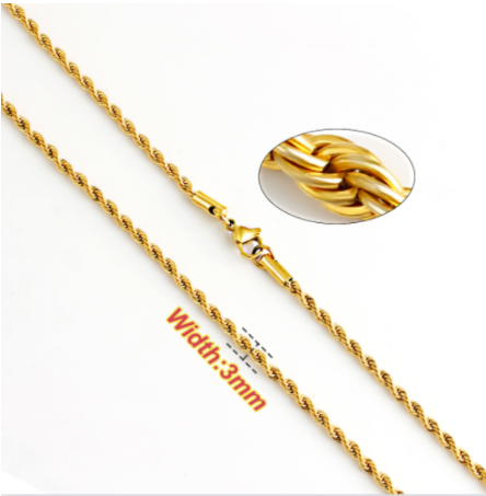 Stainless Steel Rope Chain Necklace Twisted 2/3/4/5/6/7 Width for Men and Women Gold Silver Jewelry: Gold3mm / 60cm