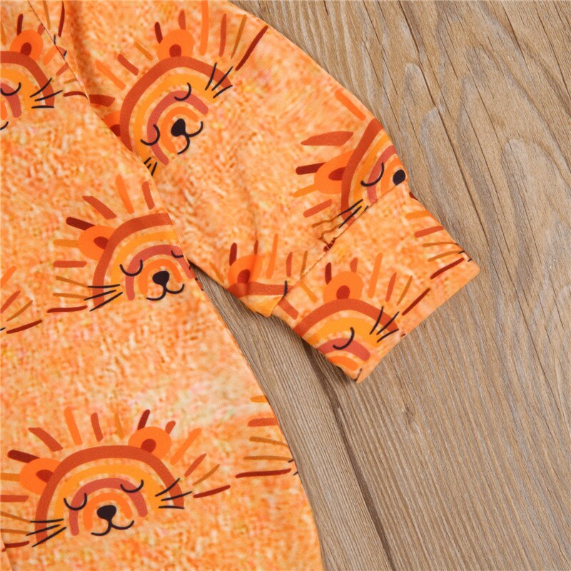 Infant Two-Piece Clothes Toddler Baby Boy Girl Set Orange Lion Printed Pattern Round Collar Jumpsuit+Cap Footies spring