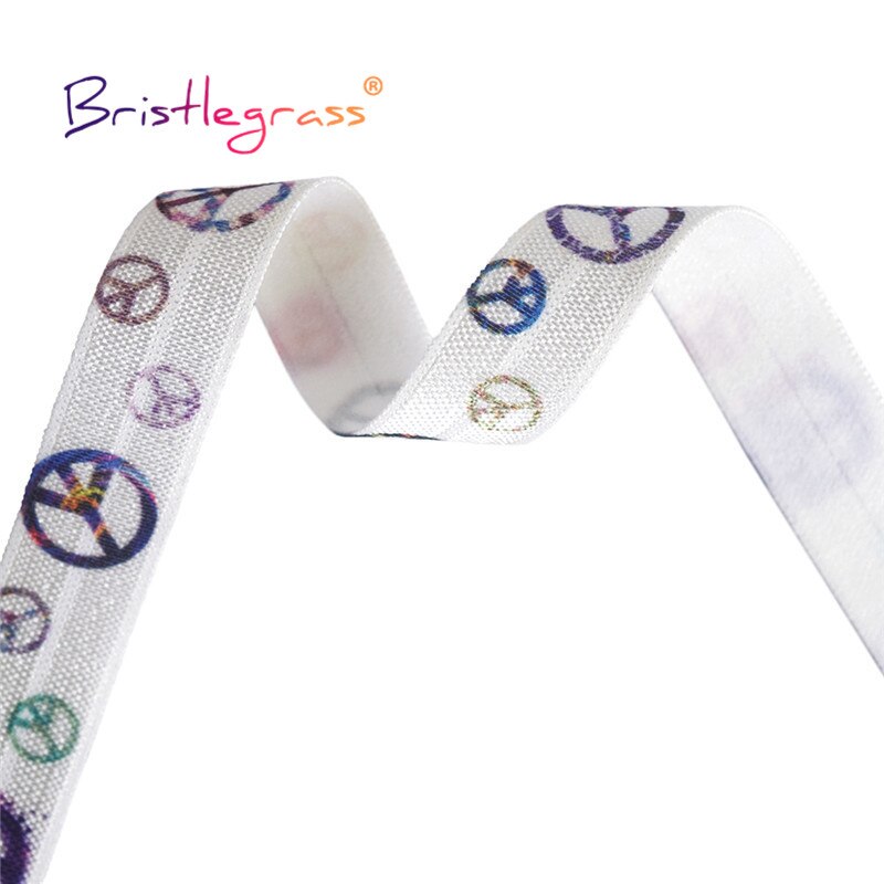 BRISTLEGRASS 2 5 10 Yard 5/8" 15mm Peace Sign Print Fold Over Elastic FOE Spandex Satin Band Tape Hair Tie Dress DIY Sewing Trim