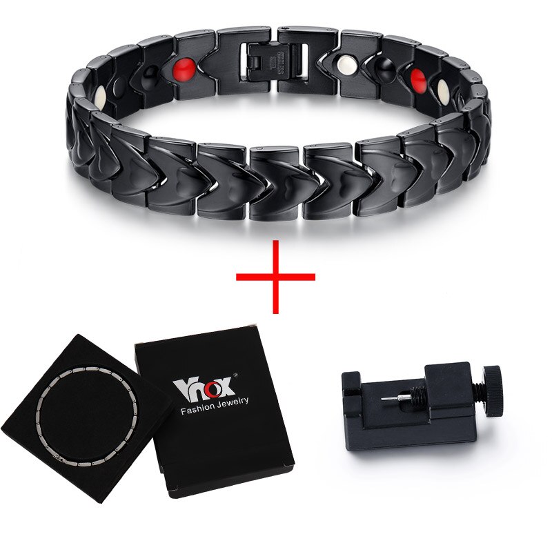 Braceletes de aço inoxidável pretos dos cuidados de saúde de vnox com o infravermelho distante negativo do germânio do íon do ímã: add box and tool