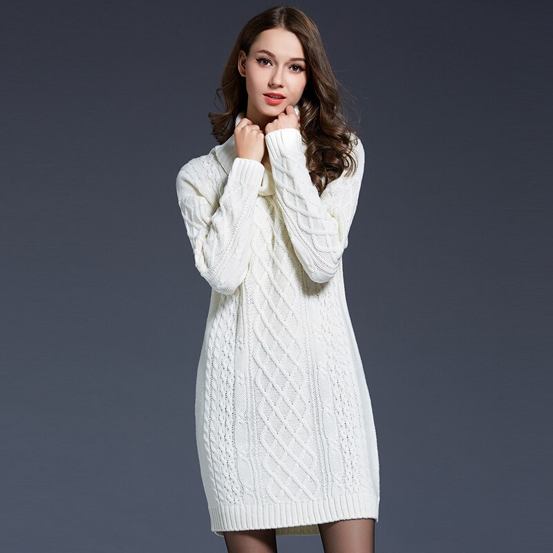 YNZZU Newest Winter Dress Women's Long Sleeve Luxury Solid Turtleneck Warm Wool Sweater Dress Knitted Clothes YD095