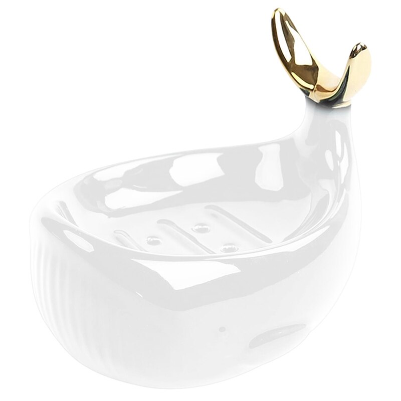 Jabonera de cerámica en forma de ballena con barra de drenaje, caja de jabón de cerámica, marco de anillo de cola de pez para ducha de baño, caja de jabón: White