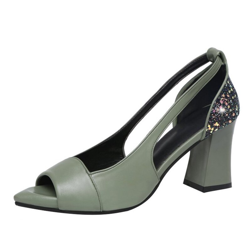 Kvinde spring open toe pu læder chunky hæle pumps kvinde bling slip on single sko kvindelige pailletter dame sko: Lysegrøn / 6.5