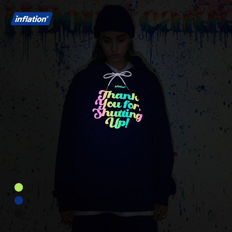 INFLATION Slogan Reflective Hoodie Men Streetwear Spring Stylish Blue Oversized Hooded Sweatshirt Couple Pullovers