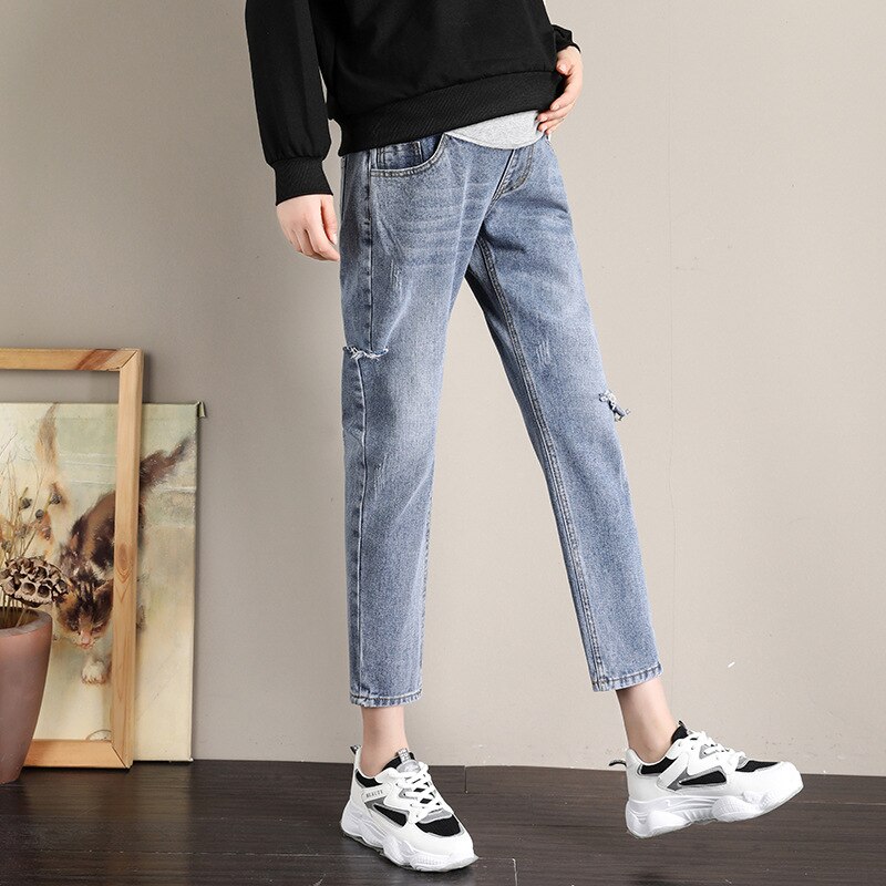 Maternity Denim Jeans Pregnancy Clothes for Pregnant Women Pregnancy Nine Pants Bottom Hole Trousers Maternal