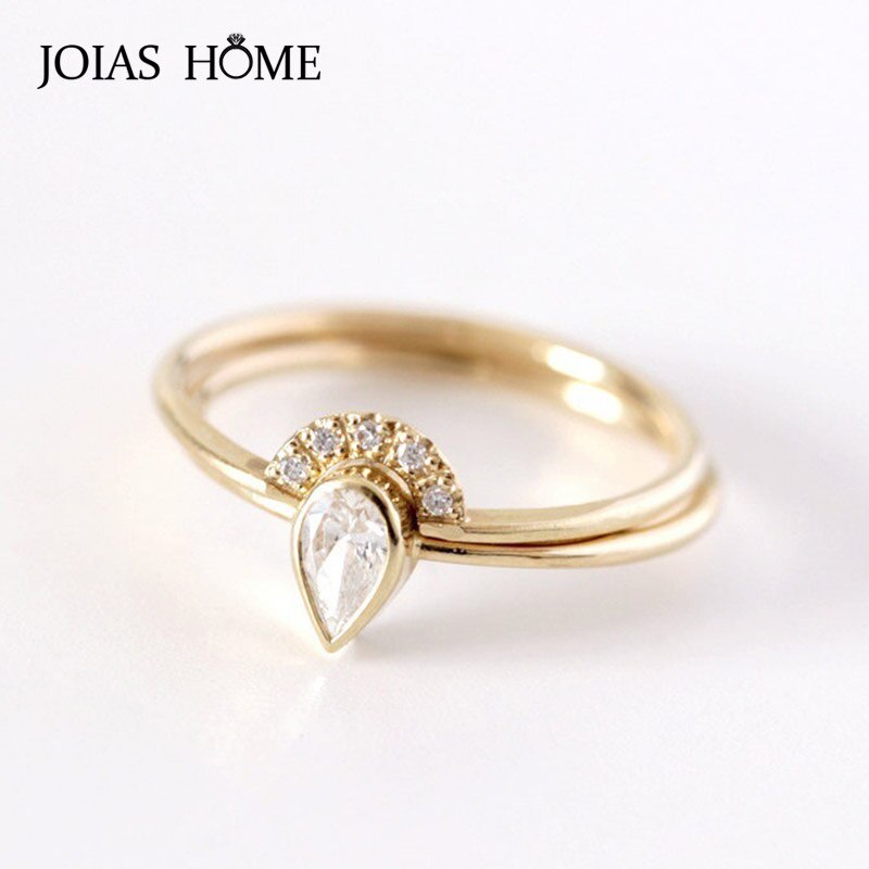 JoiasHome Sterling Silver Women's Ring Korean Rose Gold with Water Pear Shape Zircon Ring Set Classicparty