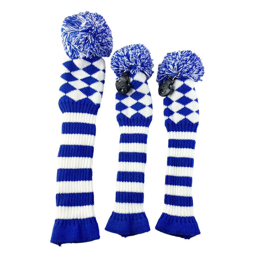 Stripes Knitted Golf Club Head Covers 3 Piece Set 1 3 5 Driver and Fairway HeadCovers with No. Tag: Dark Blue White