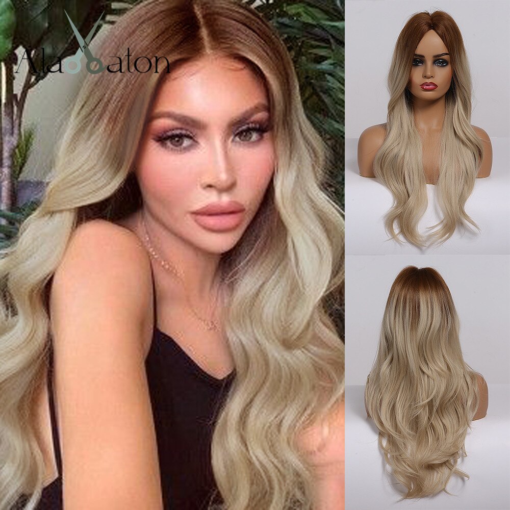 Alan eaton ombre svart brun platina blond peruk mittdel syntetiskt hår långa vågiga peruker för svarta kvinnor cosplay värmebeständig: Lc307-2