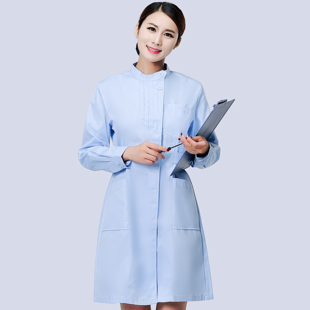 Enfermera verano ropa de trabajo de manga corta cuello redondo invierno de manga larga Hospital Médico farmacia belleza salón uniformes bata de laboratorio: Blue long sleeve / S
