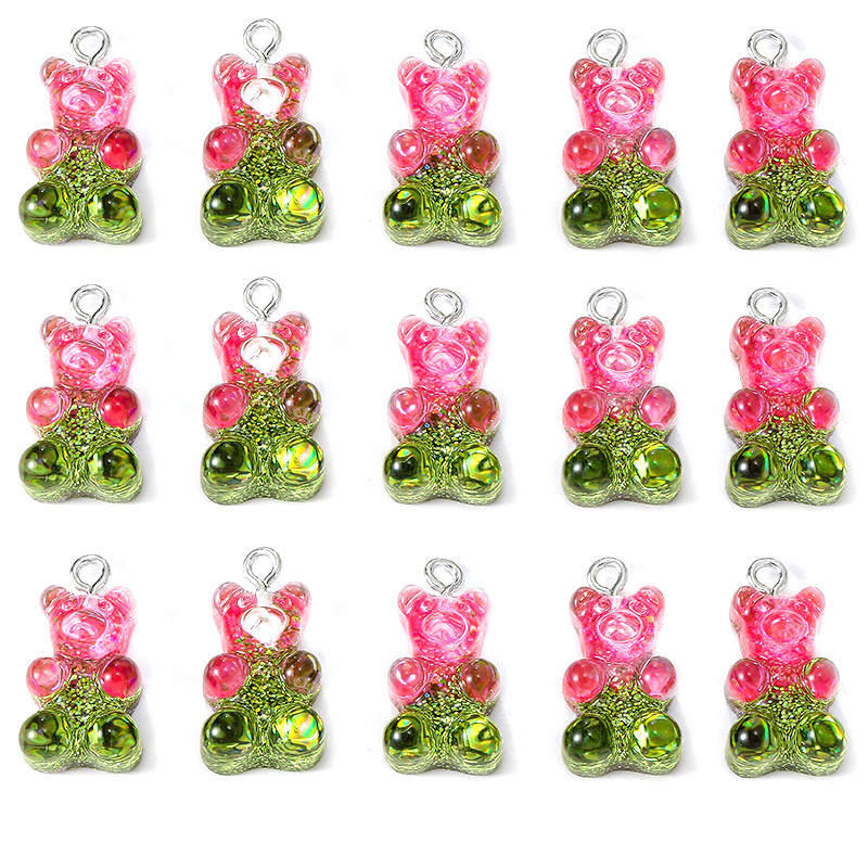 10 st hartsbjörnberlocker med platta baksida gummibjörnar och glittercabochoner för halsband, hänge, örhängen, gör-det-själv-tillverkning: Imiterad rodiumpläterad