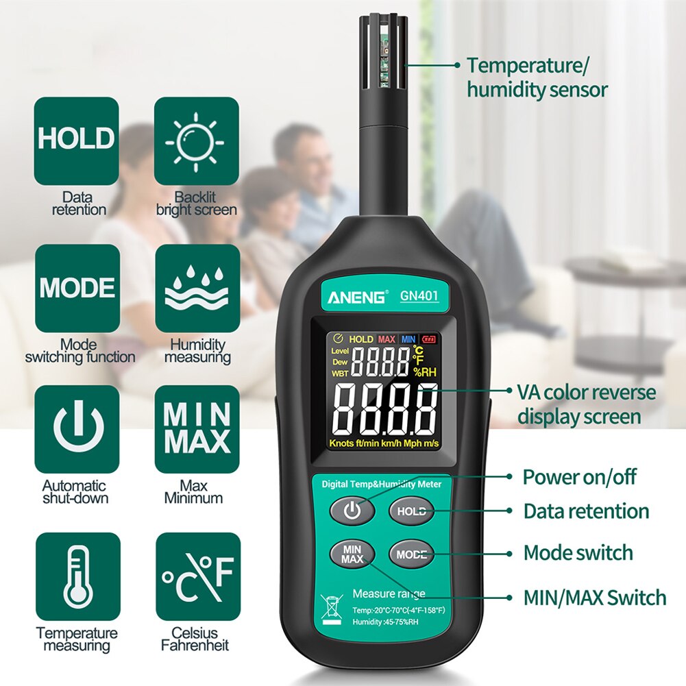 Met dauwpunt temperatuur vochtigheidsmeter abs draagbaar automatische uitschakeling digitaal display 2 in 1 batterijgevoed multifunctioneel