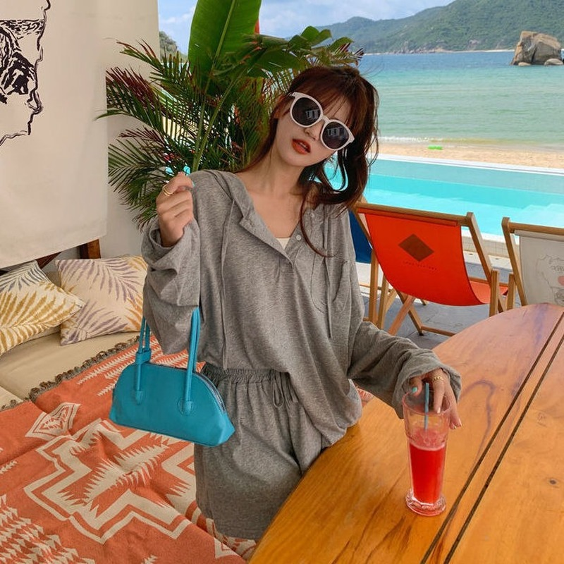 QWEEK-Pijama de algodón con pantalones cortos para mujer, ropa de estar por casa con capucha, ropa básica e informal para dormir, verano,