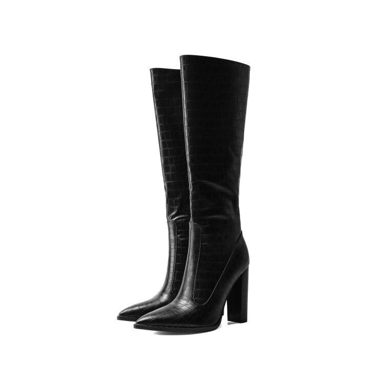 Bottes hautes pointues et épaisses à talons hauts pour femme, chaussures européennes et américaines, noires, blanches, grandes 43, sexy, hiver: black / 37